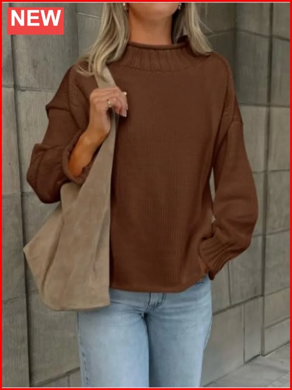 Oversized Mock Neck Chunky Knit Cotton Pullover Sweater